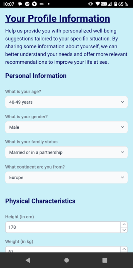 Vorschau der APP SeaWell : Profile information